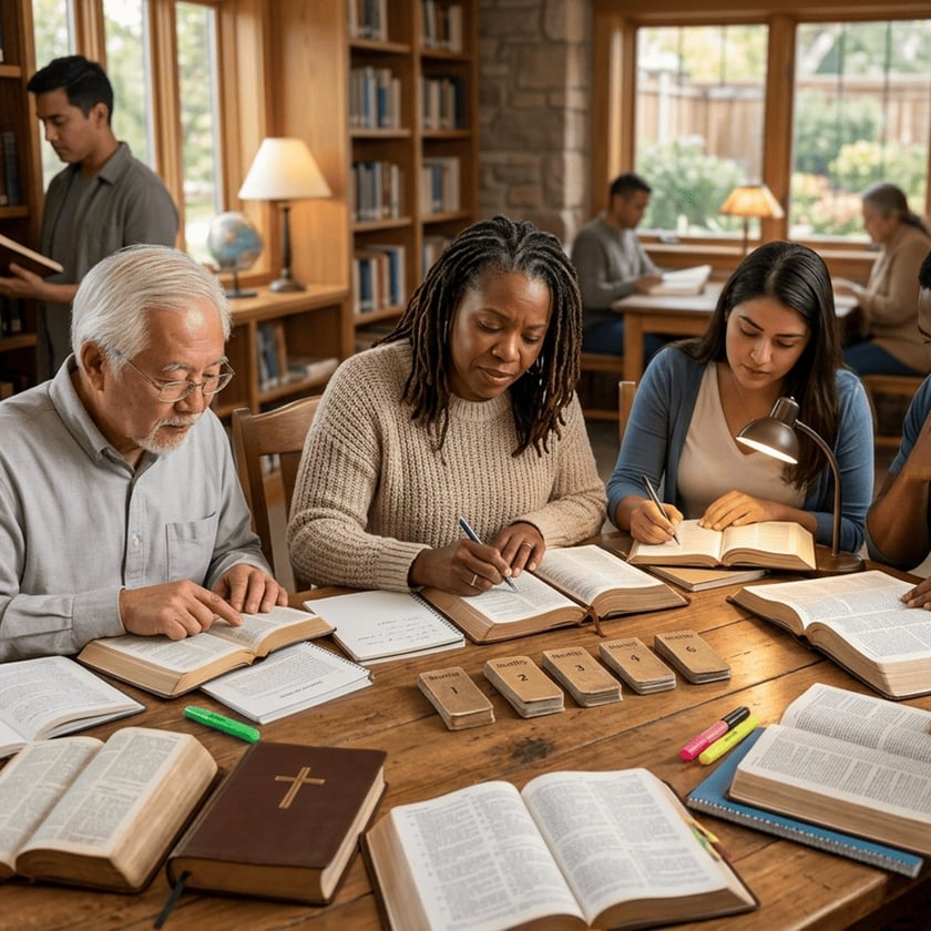 Pessoas de várias idades estudam Bíblias abertas em uma mesa de madeira numa biblioteca.