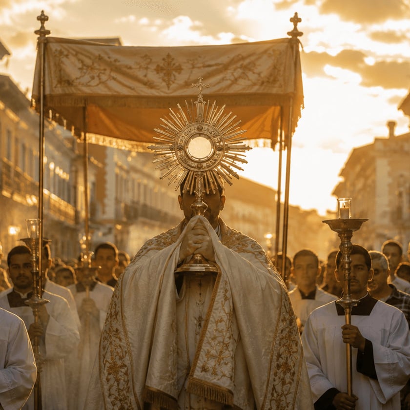 Sacerdote carrega ostensório sob dossel em procissão, seguido por coroinhas com castiçais numa rua.