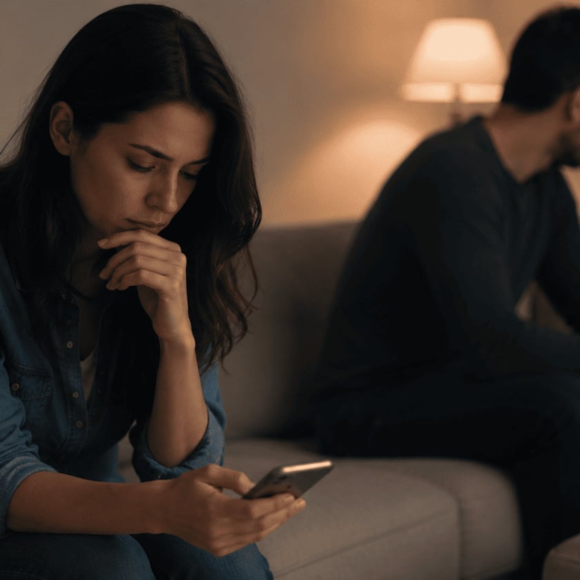 Mulher olha o celular em um sofá, com um homem sentado ao fundo.