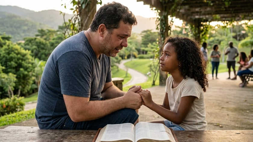 Homem e menina de mãos dadas, chorando, diante de uma Bíblia aberta em um parque.