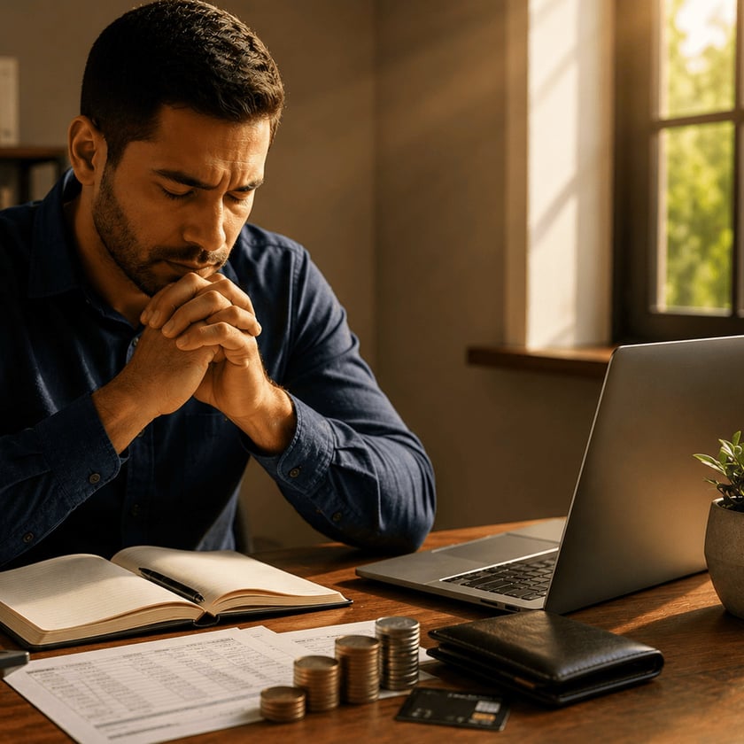 Homem de camisa azul, mãos unidas e olhos fechados, à mesa com notebook, moedas e papéis.