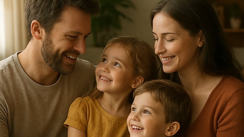 Pai, mãe, menina e menino sorrindo juntos em um sofá na sala de casa.