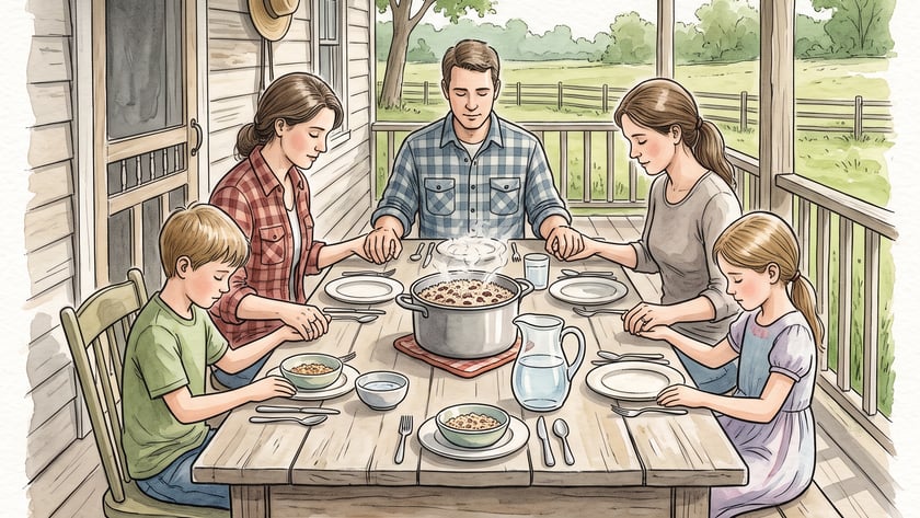 Família de quatro pessoas de mãos dadas e olhos fechados à mesa na varanda.
