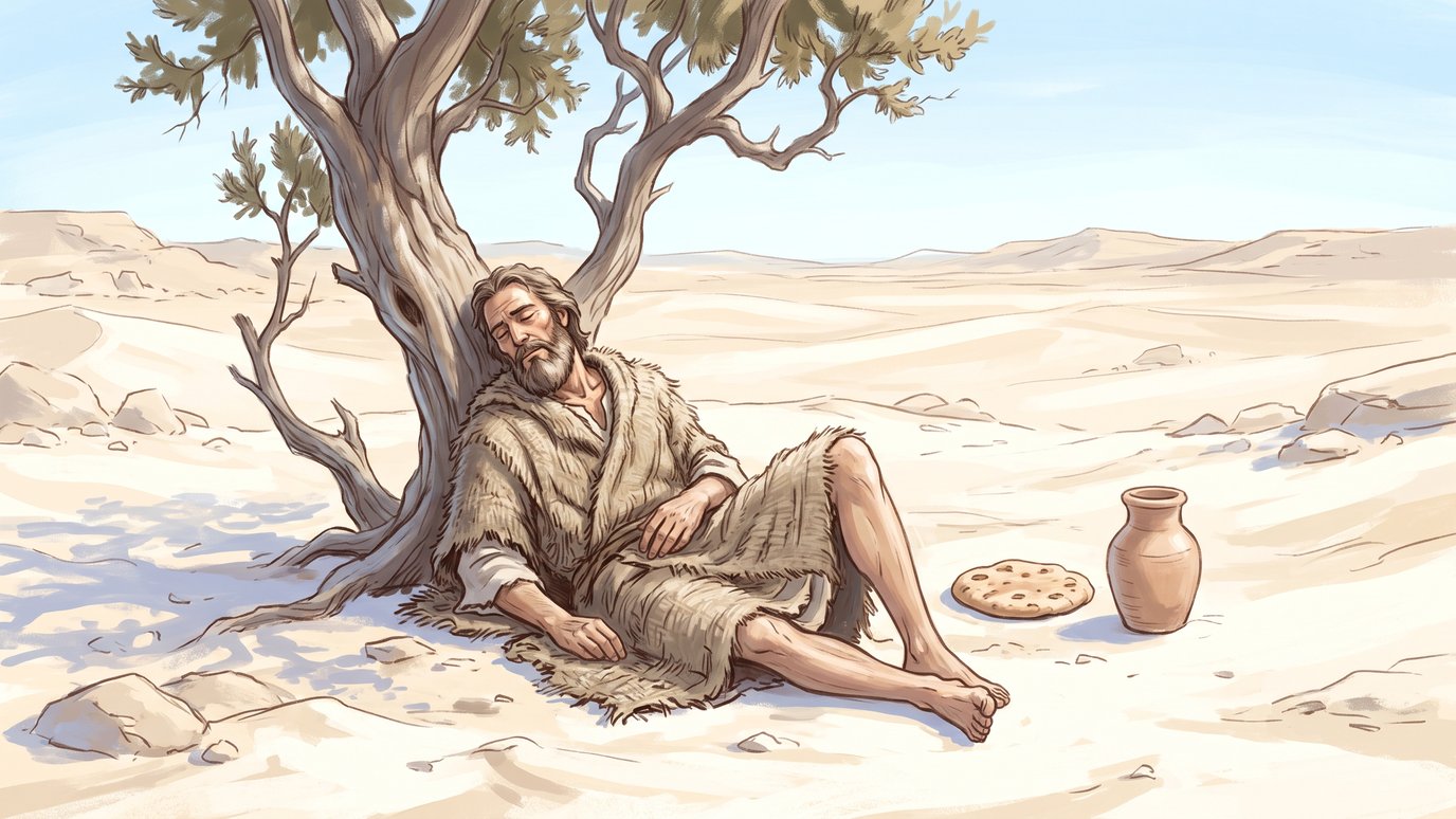 Homem barbudo dorme sob uma árvore no deserto, com um pão e uma jarra ao lado.