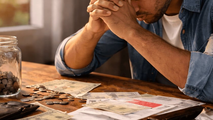 Homem sentado à mesa com as mãos na testa, diante de notas, moedas, carteira e contas.