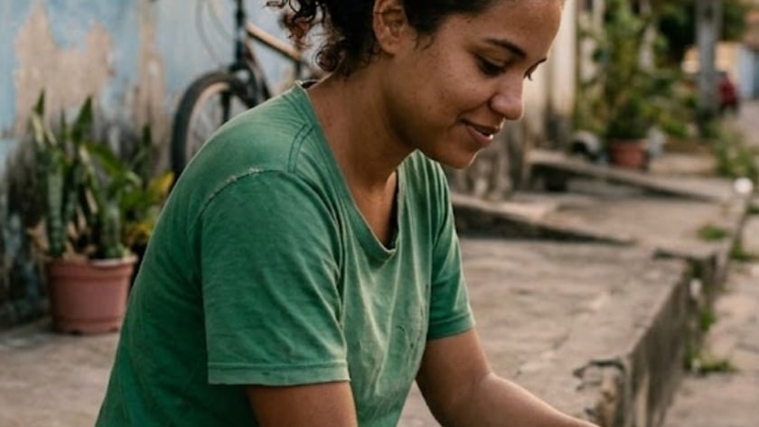 Mulher de cabelo cacheado e camiseta verde sentada na calçada, olhando para baixo