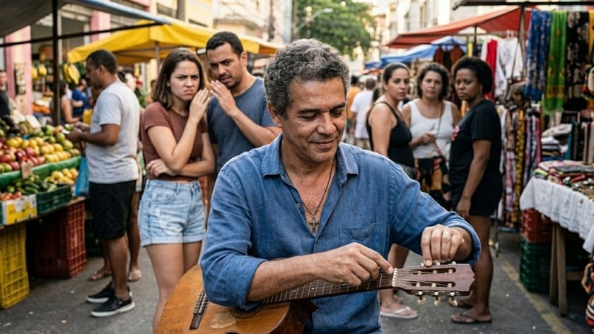 Homem de camisa azul afina um violão em uma feira de rua, com três mulheres ao fundo.