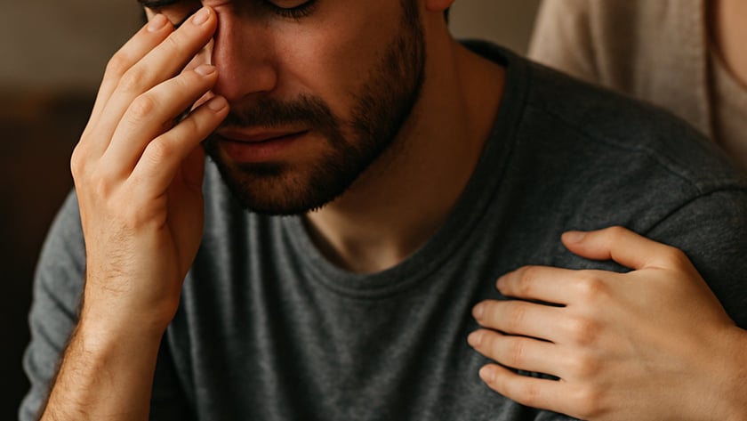 Homem de barba com a mão no rosto, enquanto mão de mulher toca seu ombro.