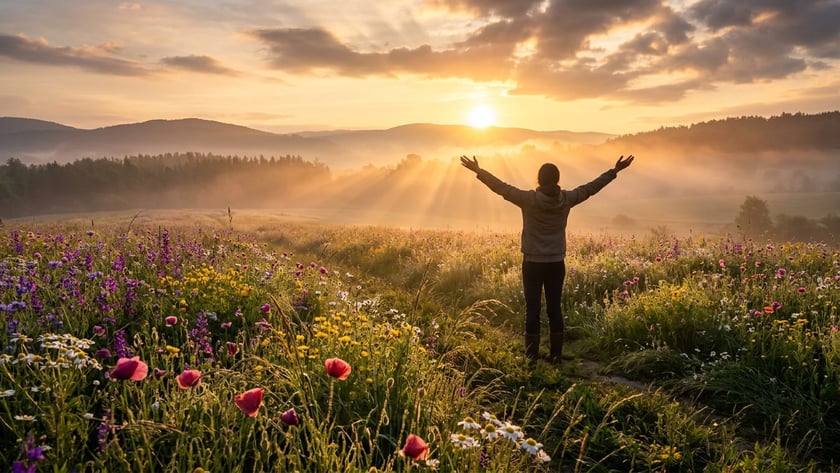 Pessoa de costas, com os braços abertos, em um campo de flores silvestres ao nascer do sol.