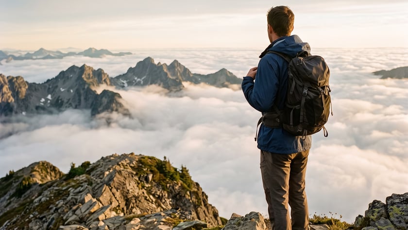 Caminhante de mochila, de costas, observa picos rochosos acima de um mar de nuvens.