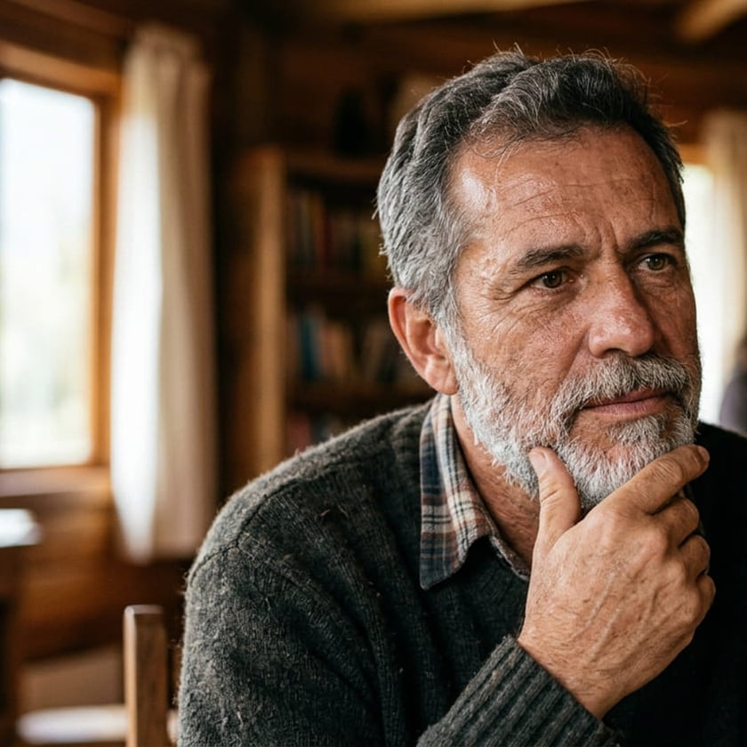 Homem grisalho de barba, com a mão no queixo, sentado em cabana de madeira.