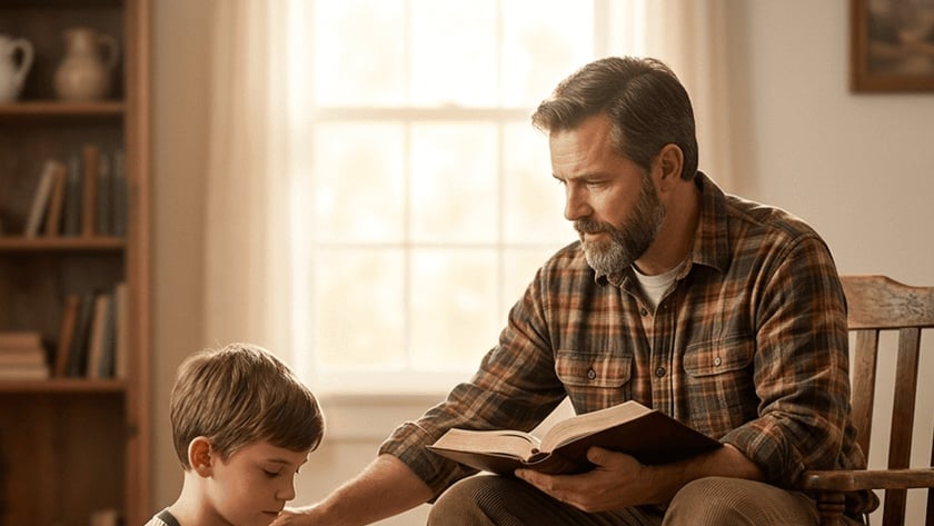 Homem barbado sentado em cadeira, com livro aberto, toca o ombro de um menino sentado no chão.