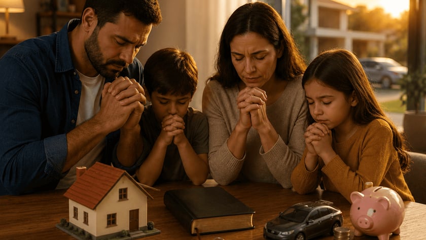 Família de quatro pessoas ora de mãos postas à mesa, com Bíblia, casa em miniatura e cofrinho.