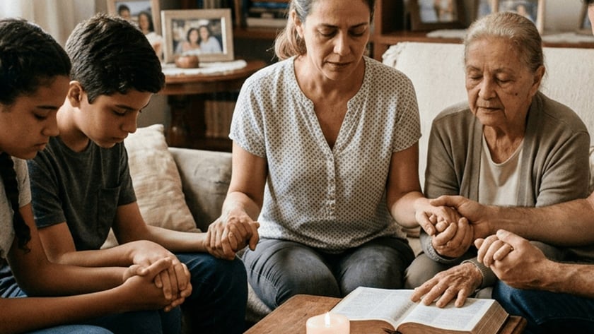 Família de mãos dadas em oração ao redor de uma Bíblia aberta e uma vela na sala.