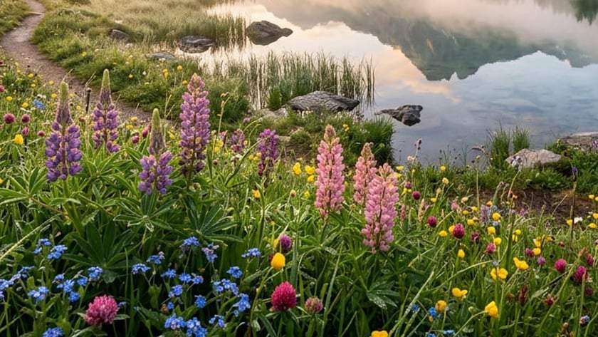 Lago cercado por montanhas e pinheiros com névoa, e flores silvestres coloridas em primeiro plano.