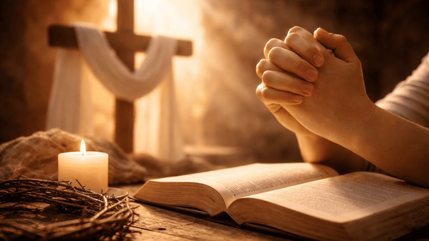 Mãos postas sobre uma Bíblia aberta, perto de uma vela acesa, coroa de espinhos e cruz.
