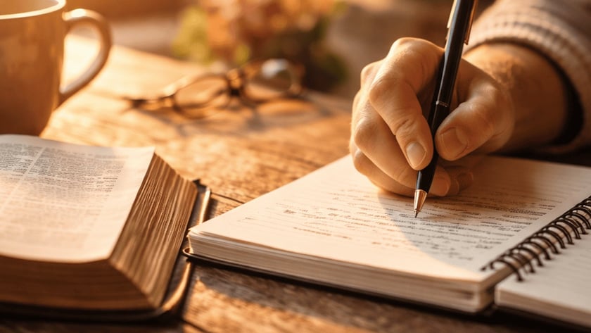Mão segurando uma caneta escreve em caderno, ao lado de Bíblia aberta e xícara.