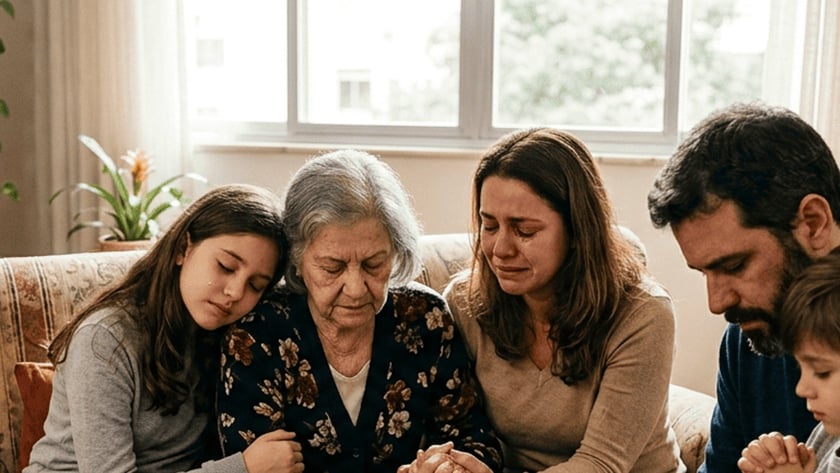 Menina encosta a cabeça no ombro de uma idosa, no sofá, perto de um retrato e uma vela.