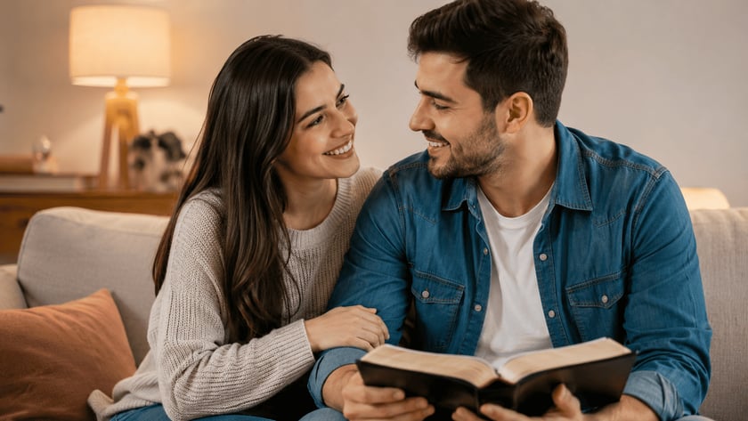 Casal sorri um para o outro no sofá, com um livro aberto no colo.