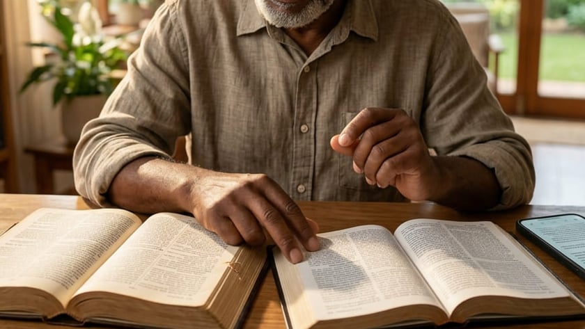 Homem idoso de barba grisalha lê dois livros abertos sobre uma mesa de madeira.
