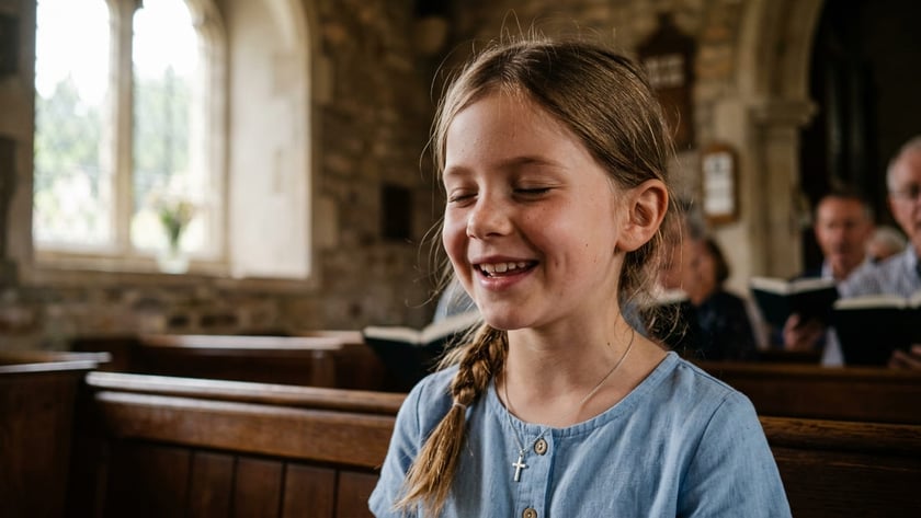 Menina de tranças sorri de olhos fechados, com um colar de cruz, sentada em um banco de igreja.