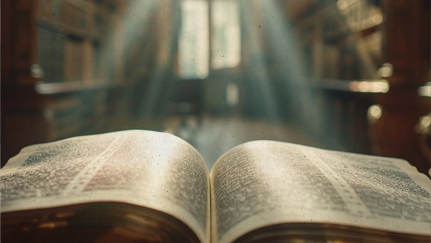 Livro grande aberto sobre uma mesa, em corredor de biblioteca com estantes de madeira e janelas