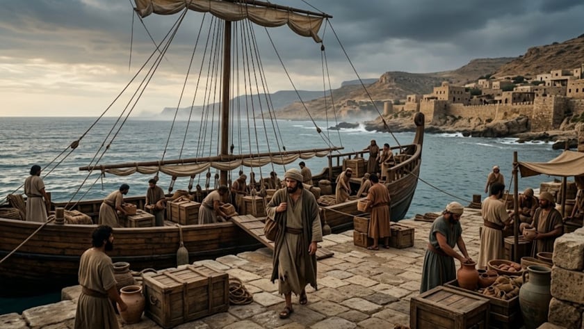 Homens com túnicas carregam caixas e jarros de um navio de madeira num cais à beira-mar.