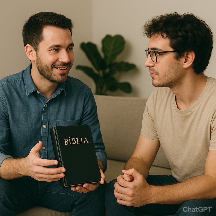 Dois homens conversam num sofá; um deles segura um livro preto com o título "BÍBLIA".