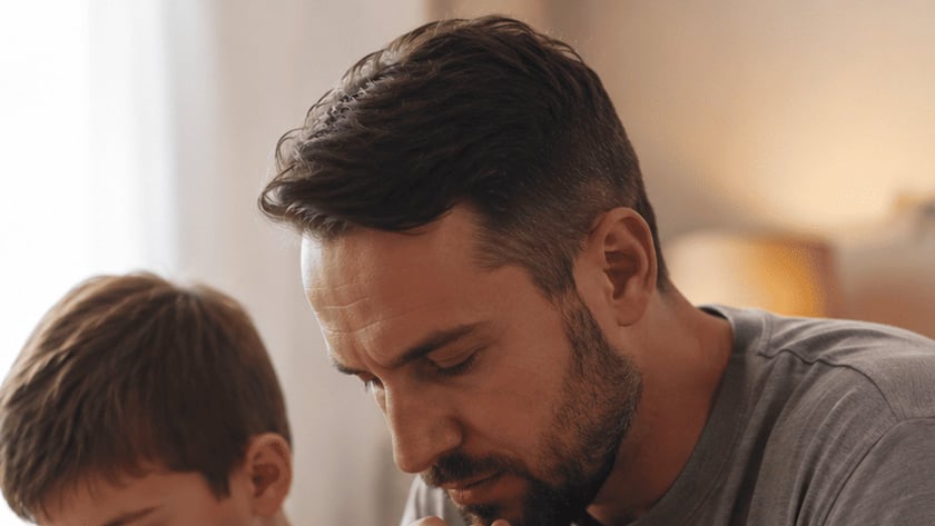 Homem e menino de mãos postas e olhos fechados, rezando lado a lado em um quarto.