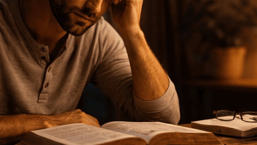 Homem sentado à mesa de madeira, com a mão na testa, olhando um livro aberto.