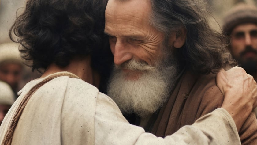 Dois homens se abraçam; um idoso de barba branca sorri, cercado por outros homens.