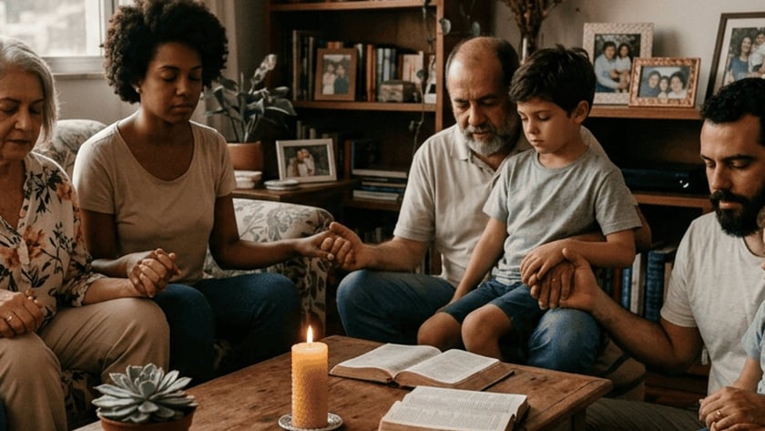 Família de mãos dadas e olhos fechados reza na sala, ao redor de mesa com Bíblias e vela.