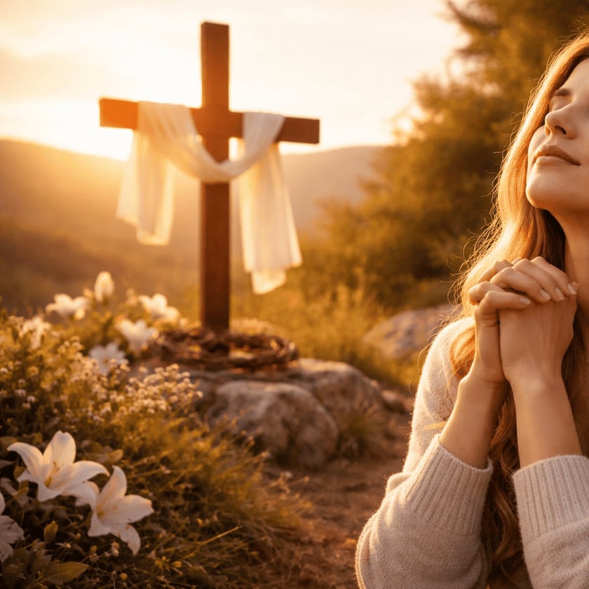 Mulher de cabelos longos reza de mãos unidas diante de uma cruz de madeira com tecido branco.
