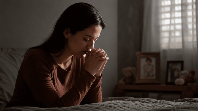 Mulher de olhos fechados e mãos postas, ajoelhada ao lado de uma cama no quarto.
