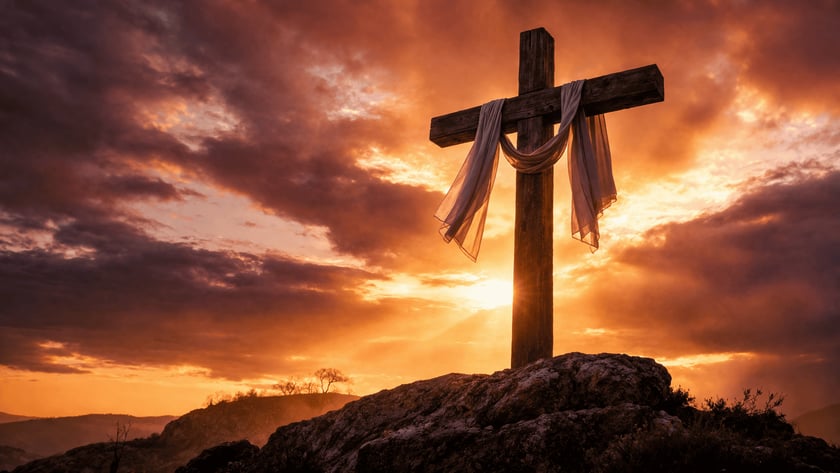 Cruz de madeira com tecido claro pendurado, sobre uma rocha ao pôr do sol.