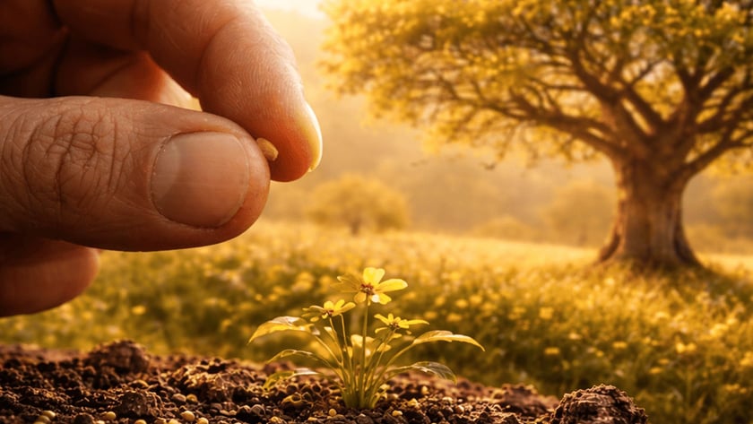 Mão segura uma semente sobre o solo, onde brota uma pequena planta com flores amarelas.
