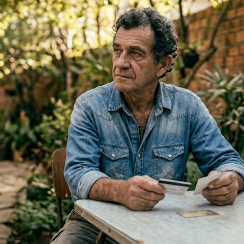 Homem de camisa jeans sentado a uma mesa em um quintal com plantas.