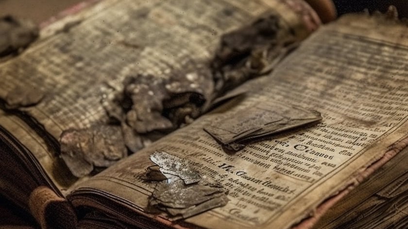 Livro antigo aberto sobre uma mesa, com páginas amareladas, rasgadas e queimadas nas bordas.