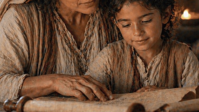 Mulher de manto na cabeça e uma criança junto a um pergaminho sobre a mesa.