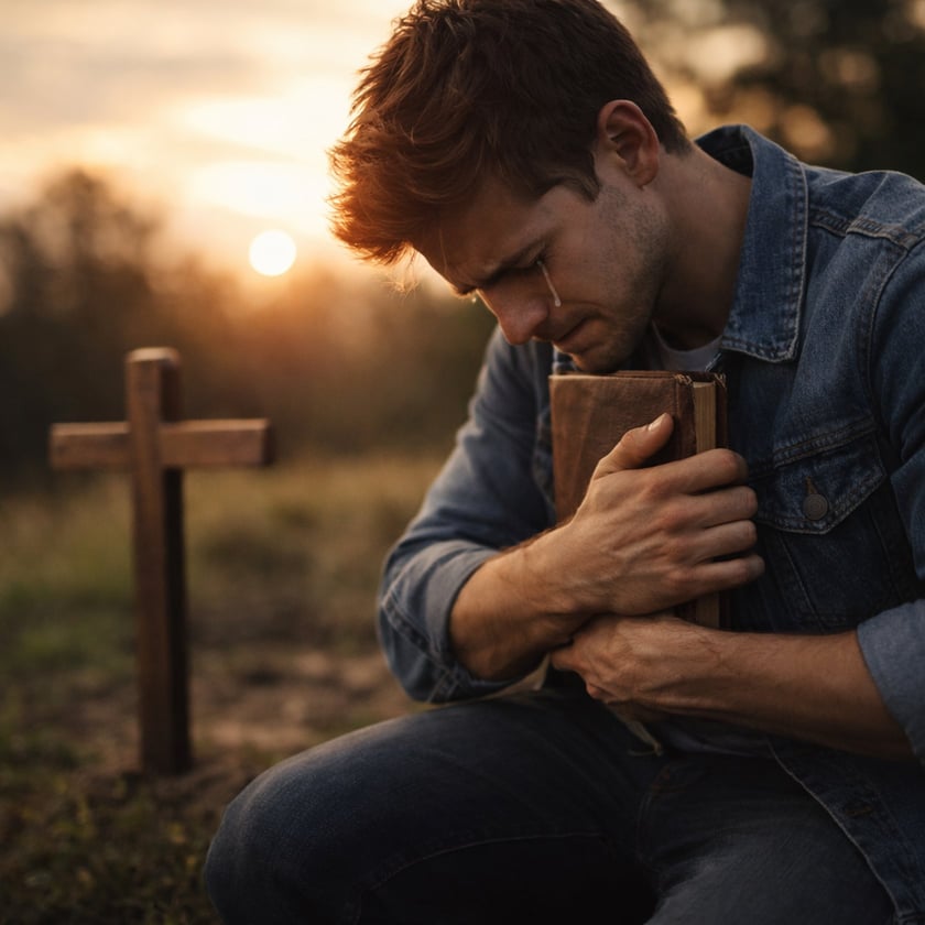 Homem de jaqueta jeans ajoelhado abraça um livro junto ao peito, perto de uma cruz de madeira.
