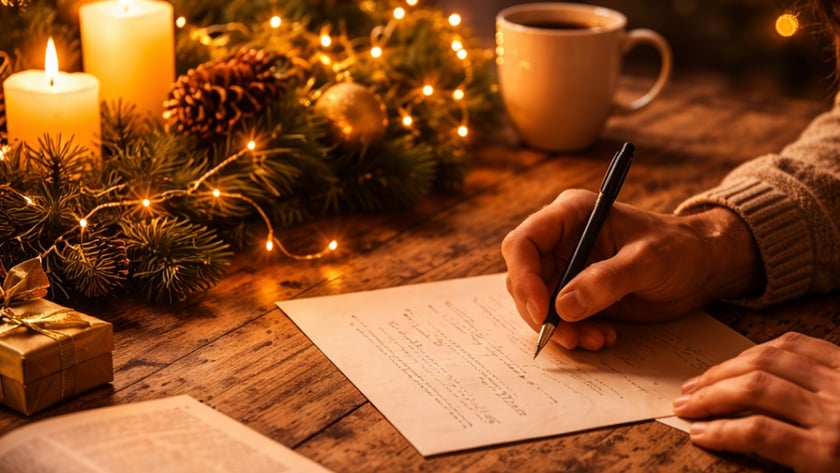 Pessoa escreve uma carta à mão numa mesa de madeira com velas, galhos de pinheiro e xícara.