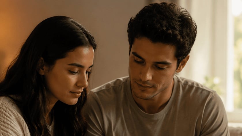Homem e mulher sentados no sofá leem juntos um livro aberto na sala.