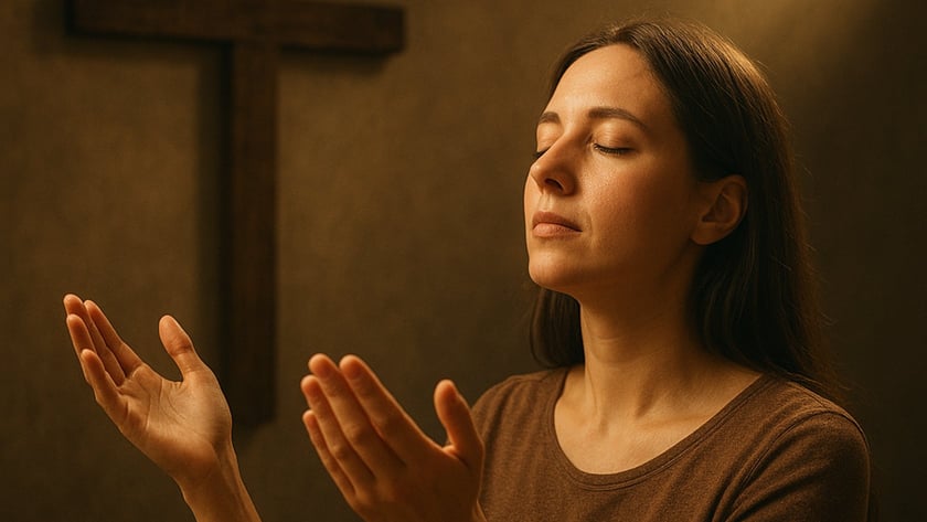 Mulher de olhos fechados e mãos abertas diante de uma cruz de madeira na parede.