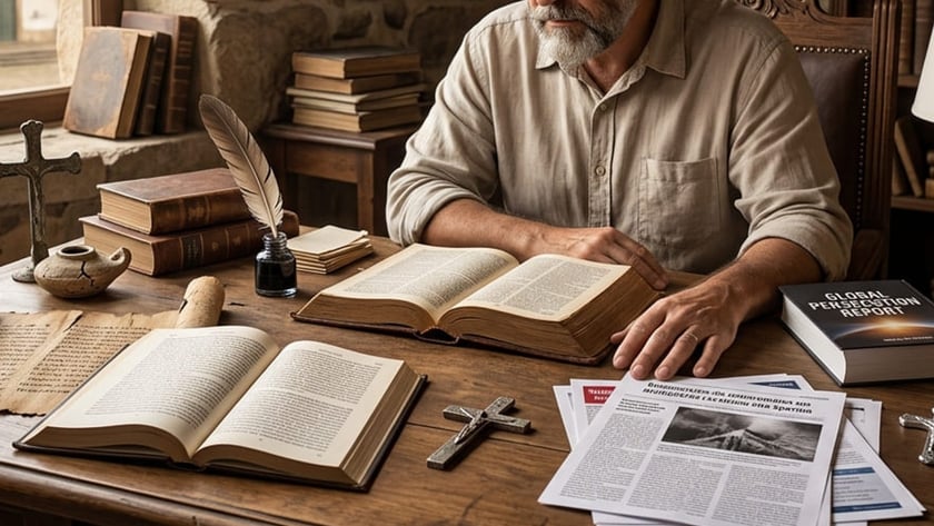 Homem barbudo lê livro à mesa com pergaminhos, crucifixos e mapas, perto de janela com igreja.