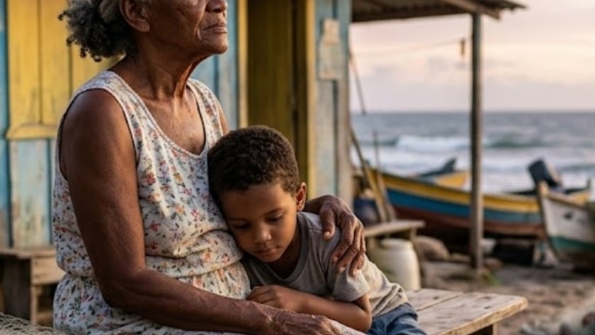 Idosa e menino sentados abraçados em um banco diante de casa de madeira azul, perto do mar.