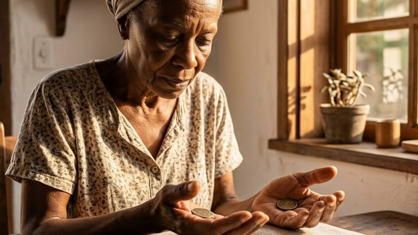 Idosa de lenço na cabeça segura duas moedas nas mãos diante de uma Bíblia aberta.