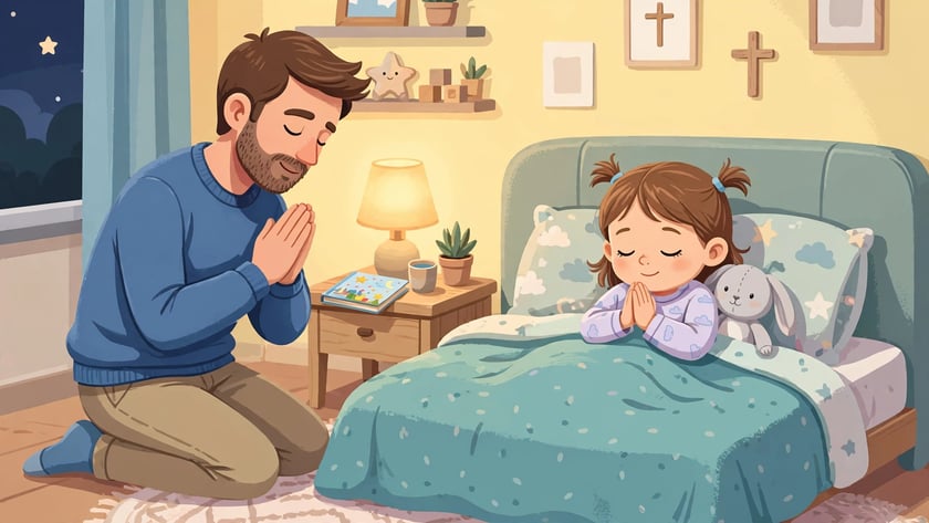 Pai ajoelhado e menina deitada na cama rezam de mãos juntas no quarto.