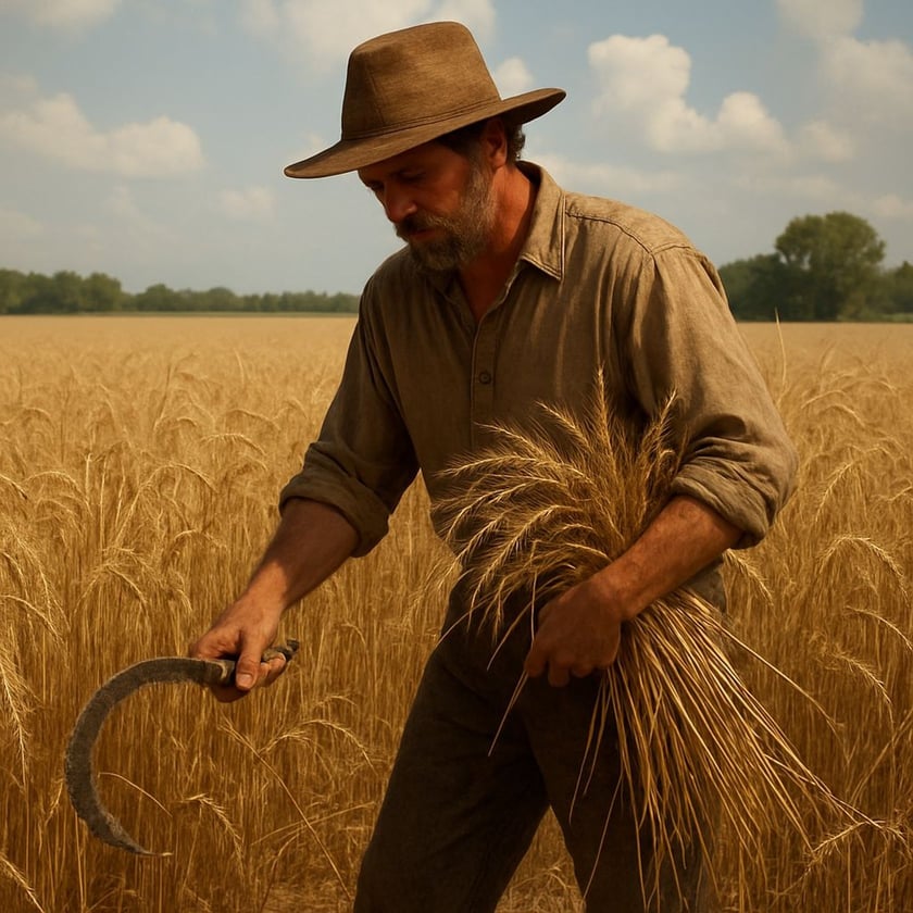 Homem de chapéu e barba colhe trigo com uma foice em um campo dourado.