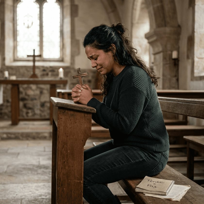Mulher de cabelo escuro, com uma cruz de madeira nas mãos
