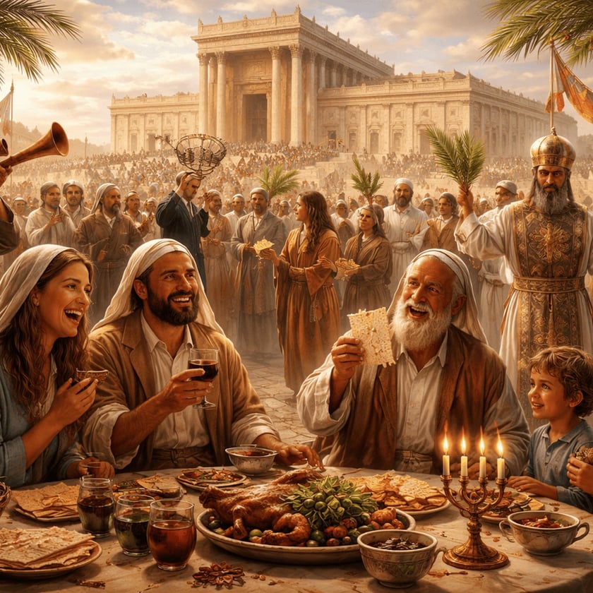 Família sorridente come à mesa com pão ázimo e vinho diante de um grande templo.